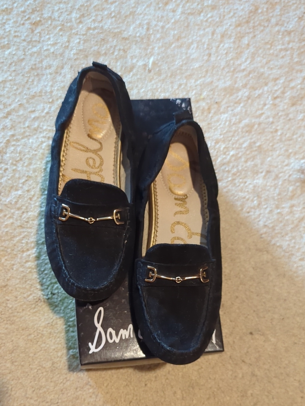 Sam Edelman Black Suede Loafers with Gold Hardware